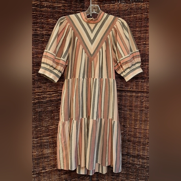 Ulla Johnson Puff Sleeve Dress Metallic Striped Knee Length Tent Tiered Pocket 4 - Picture 1 of 12